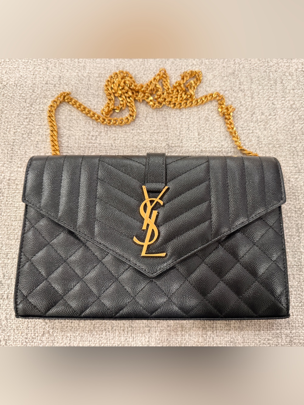 Saint Laurent YSL Matelasse Chevron Envelope Chain Wallet Black Gold GHW WOC